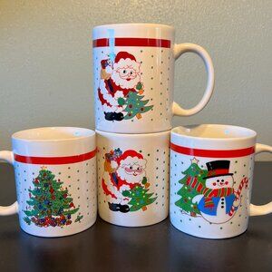 Lot of 4 Christmas Ceramic Mugs w/ Polka Dots ~ Santa Claus Snowman Holiday Tree